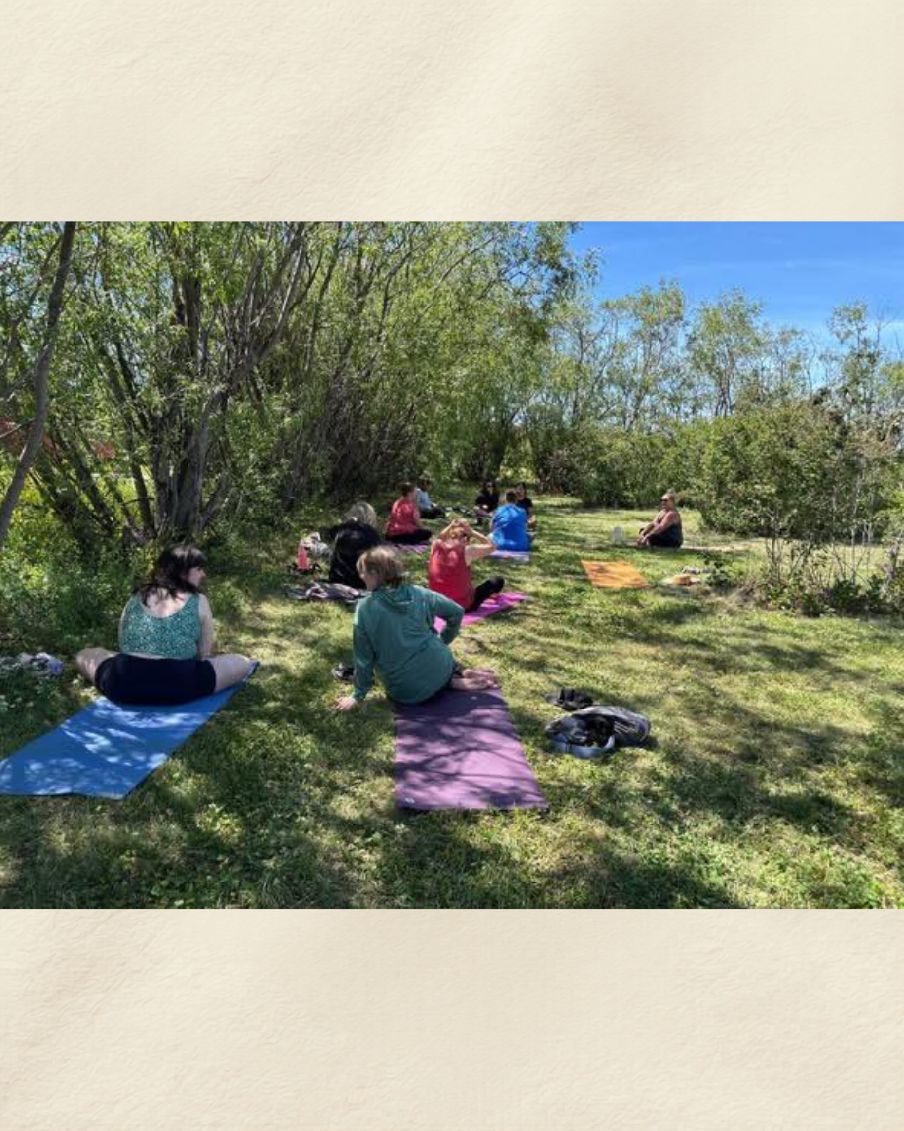 People sit on yoga mats in a grassy clearing surrounded by tall green trees.