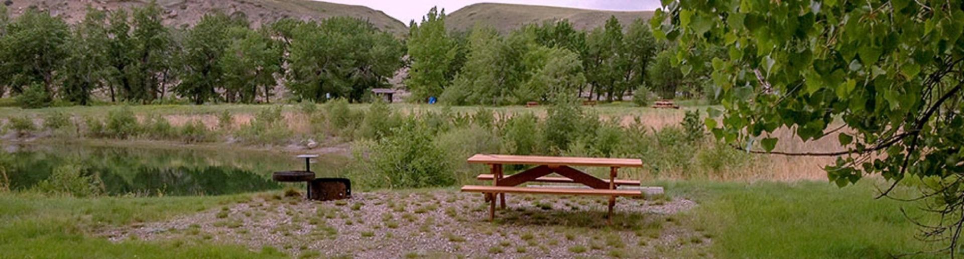 A campsite with a picnic table and fire pit.