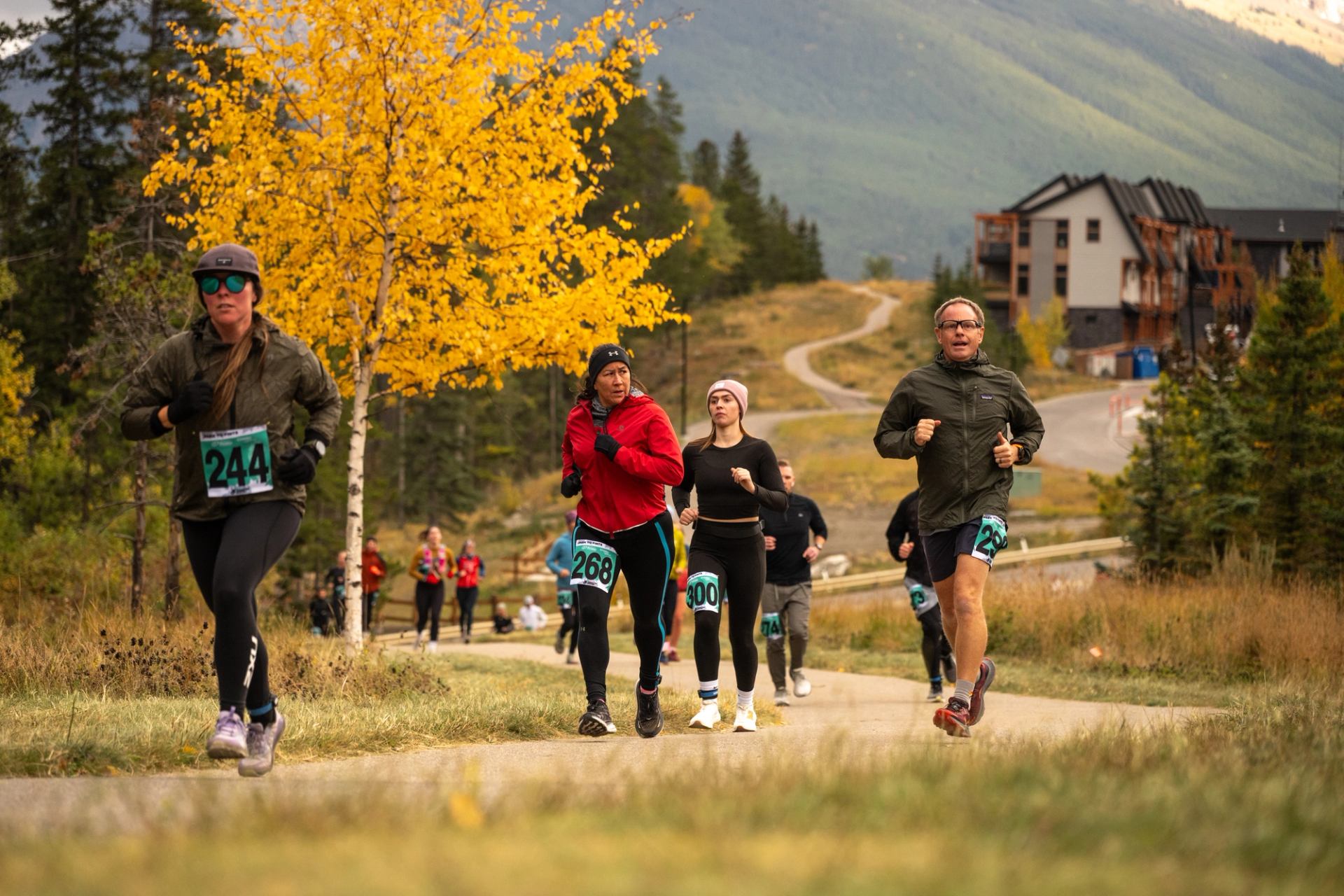 Trail runners with race bibs jog along a winding path near trees and hills.
