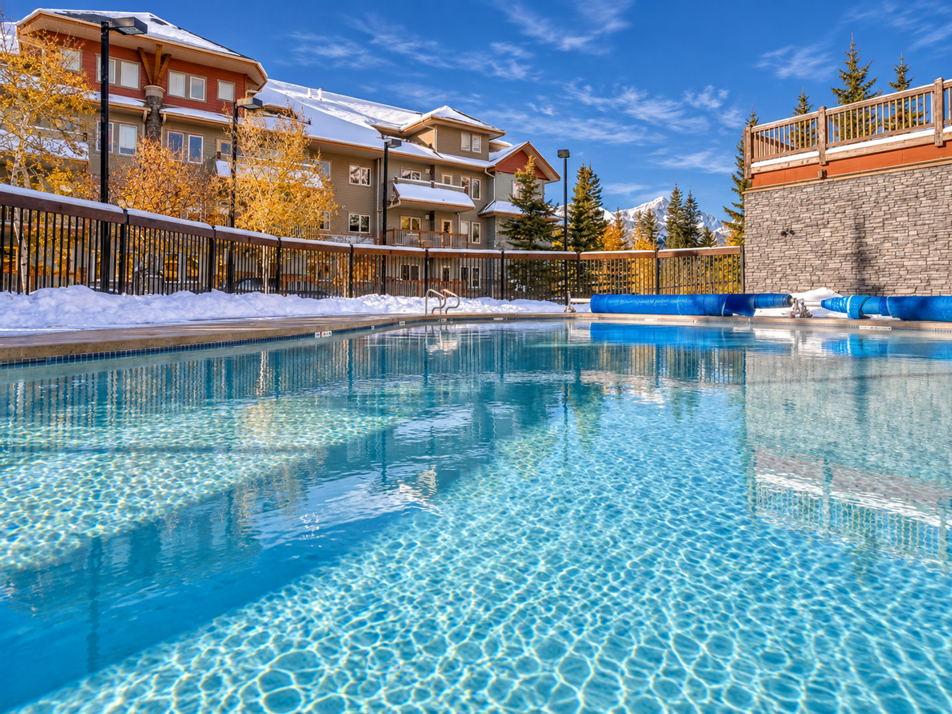 Outdoor pool beside snow-covered lodge buildings with mountains in the distance.