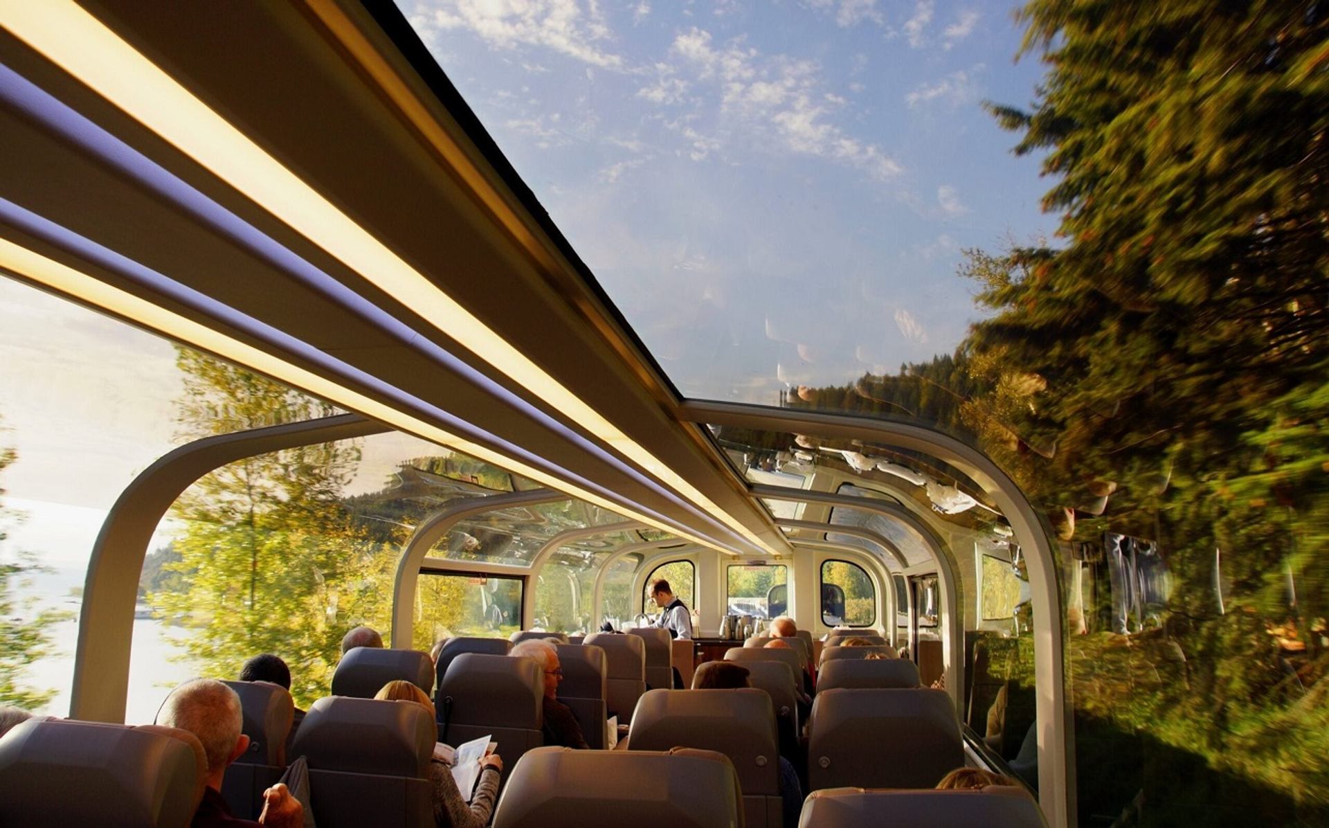 Interior of a glass‑dome train traveling through forested scenery during an Alberta rail journey.