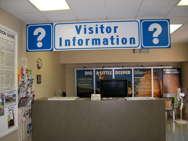 Front desk of the Drumheller Visitor Information Centre.