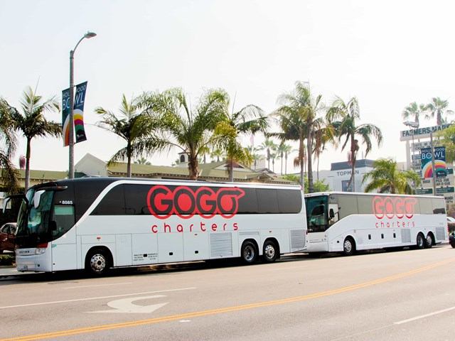 Two GOGO Charters buses parked roadside with palm trees in the background.