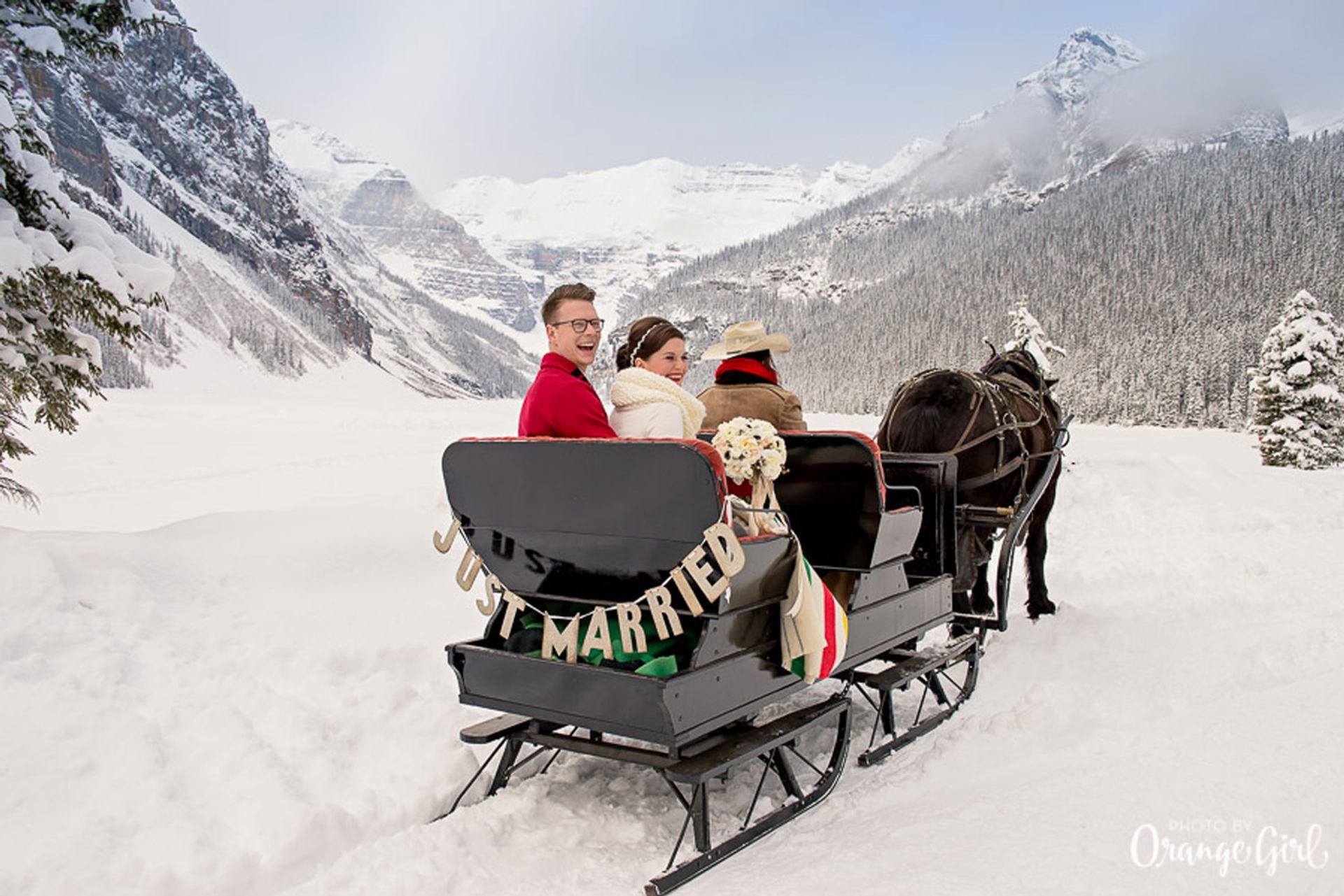 Horse-drawn sleigh with “Just Married” sign in snowy mountain landscape.