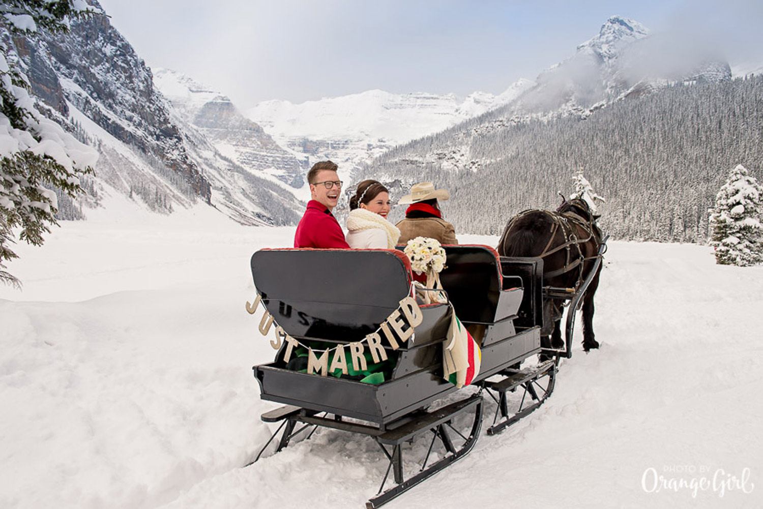 Horse-drawn sleigh with “Just Married” sign in snowy mountain landscape.