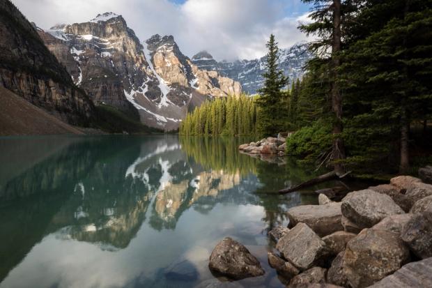 Scenic shot of Moraine Lake in the Canadian Rockies.