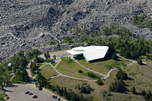 An aerial view of Frank Slide Interpretive Centre in the Crowsnest Pass.