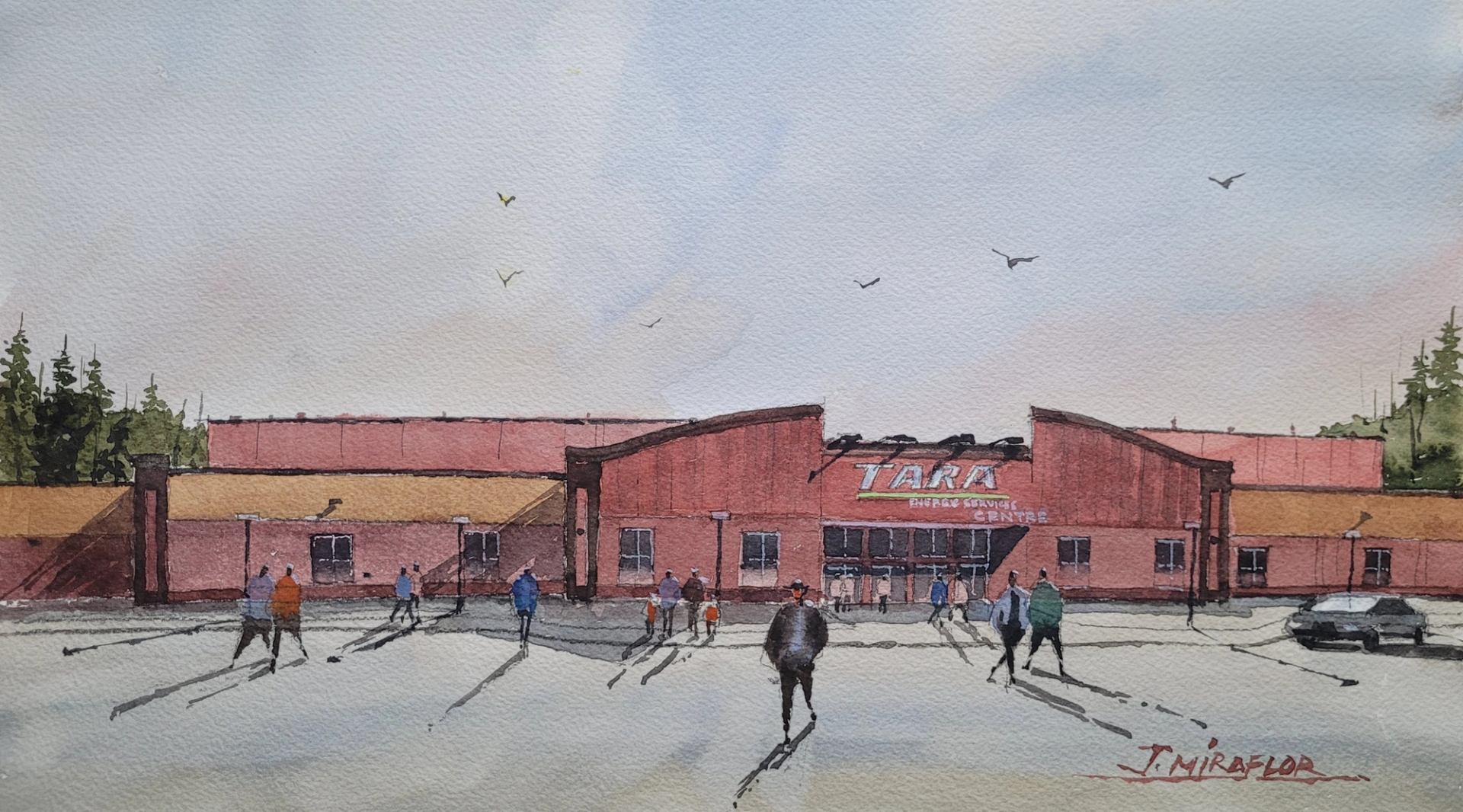 Watercolour painting of TARA Energy Services Centre with people walking in parking lot.
