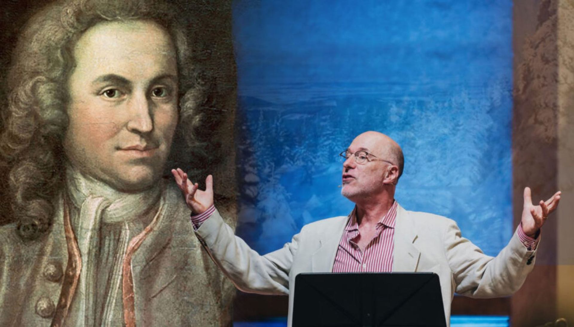 Speaker presenting JS Bach's story with a large portrait backdrop and blue-lit stage.