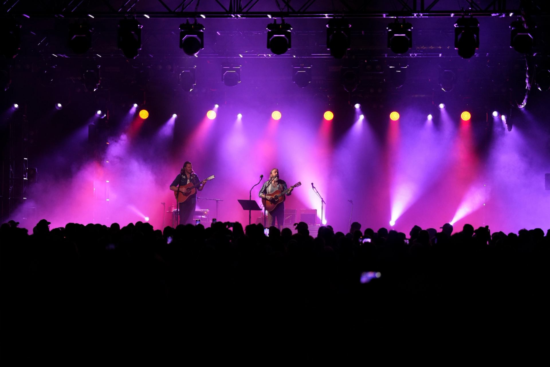 Musicians performing onstage with purple spotlights and a large audience