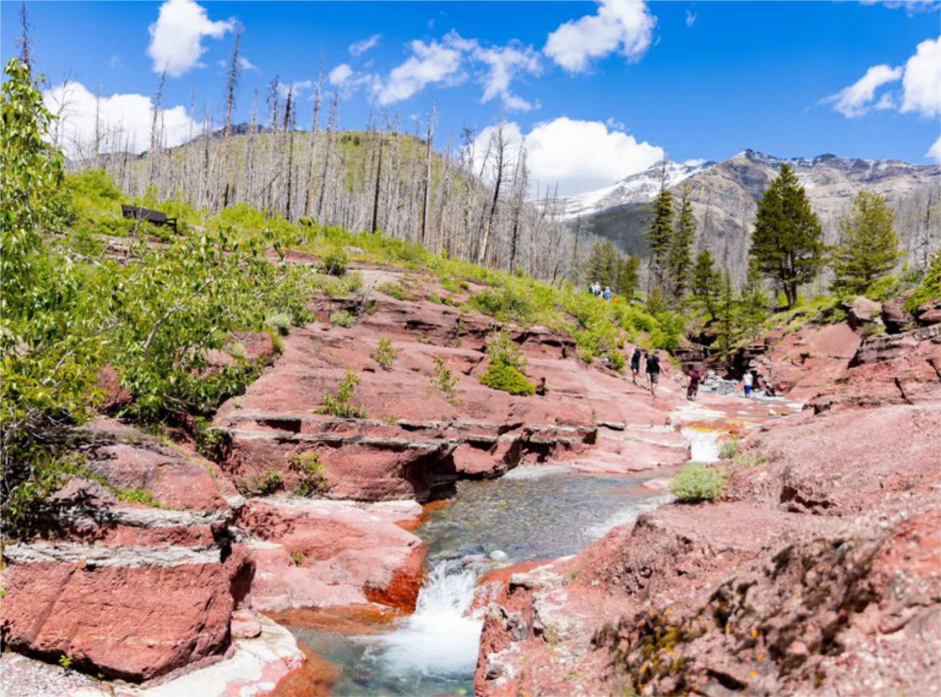 Red rock canyon with flowing water and hikers under a bright blue sky in Waterton.