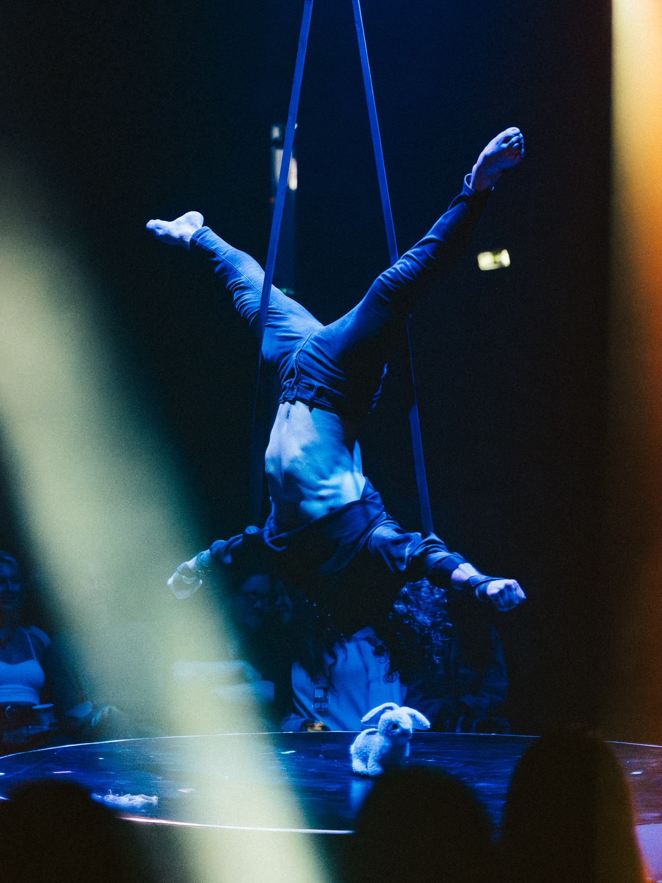 Aerial performer hangs upside down on ribbons above stage with small stuffed rabbit.