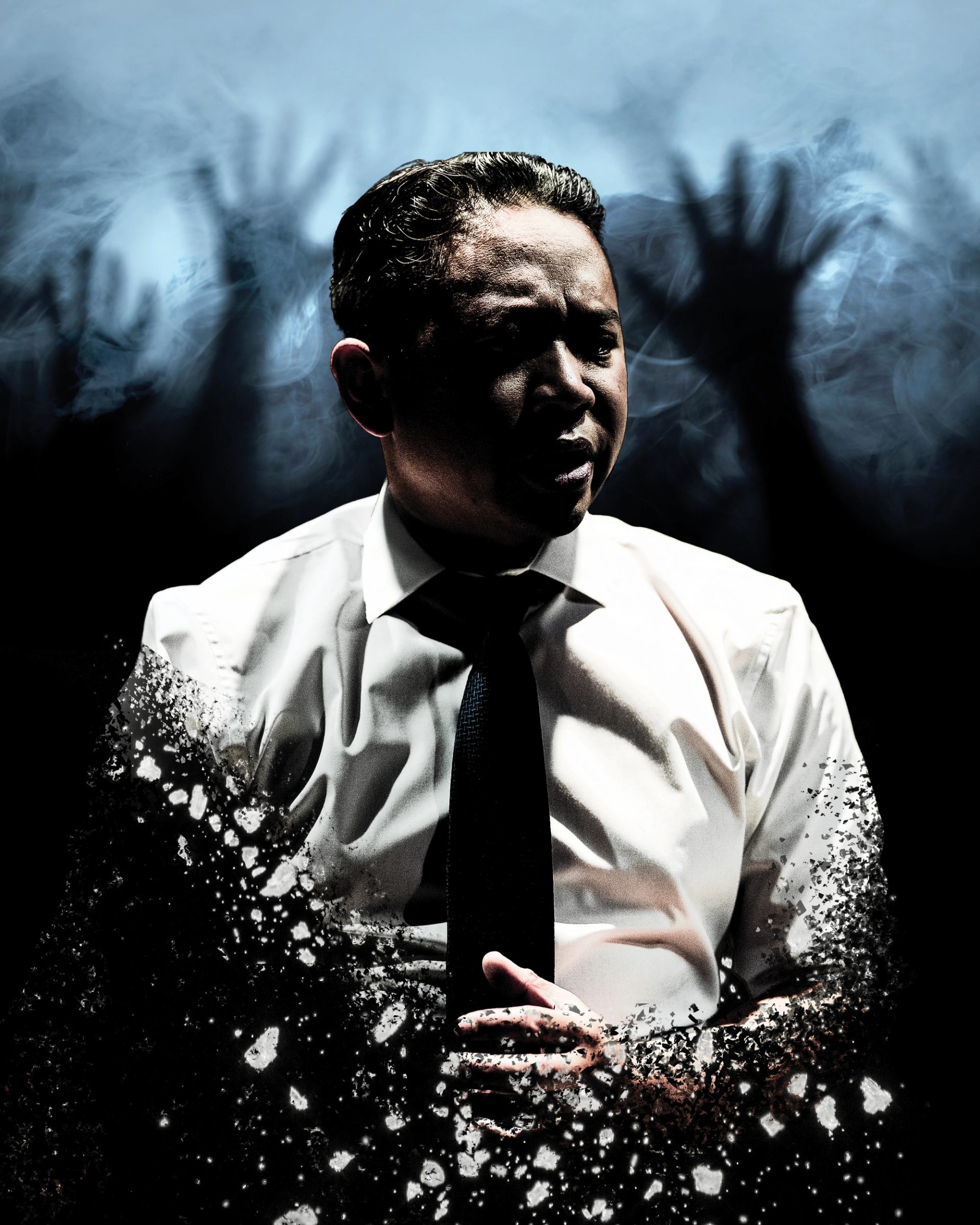 Person in dress shirt dissolving into particles, with shadowy hands reaching through smoke.