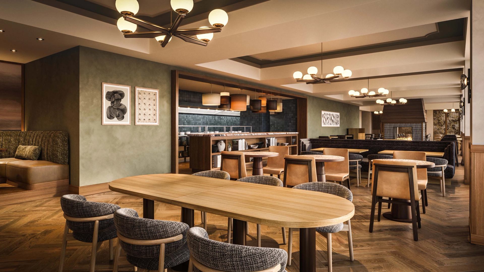 A warm, modern dining room with wood tables, soft lighting, and contemporary décor.