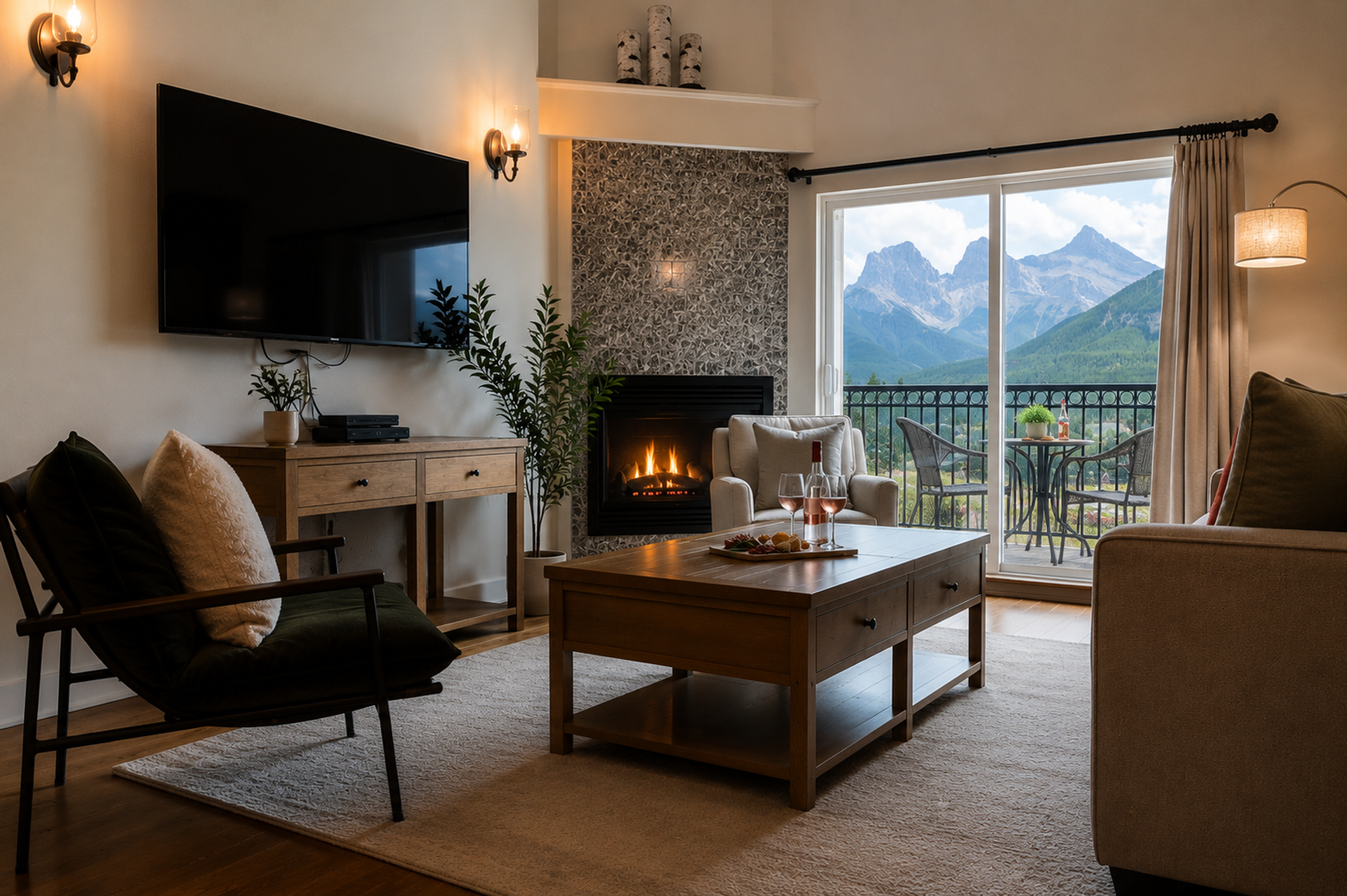 Living room with fireplace, television, balcony and mountain view.