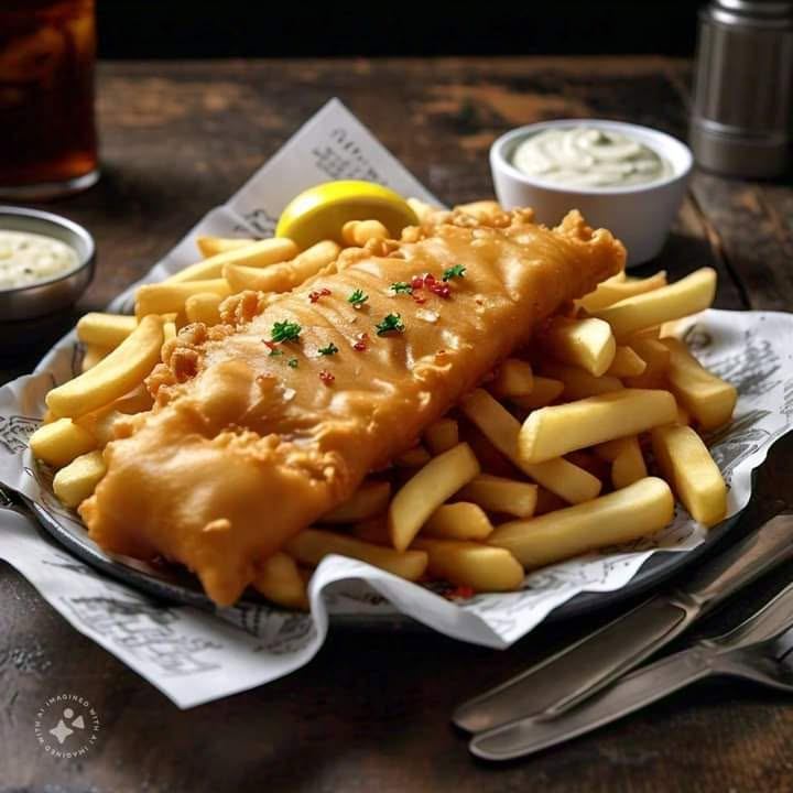 Plate of battered fish on fries with lemon wedge and dipping sauces on table.