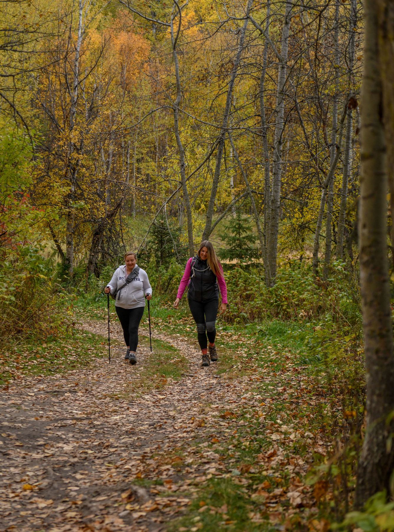 Two hikers walking along a forest trail surrounded by fall foliage.