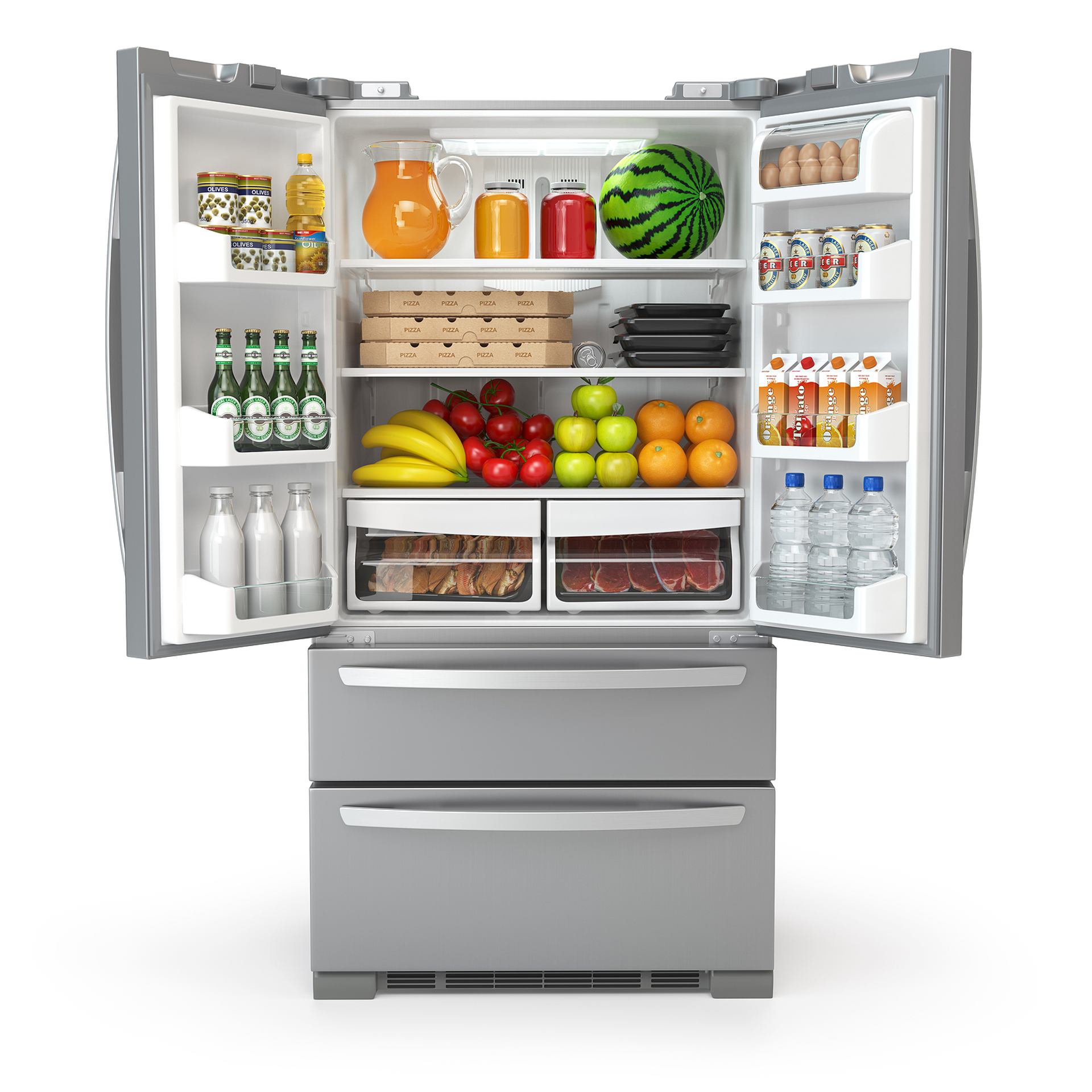 Fridge stocked with drinks, fruits, veggies, eggs, and dairy.