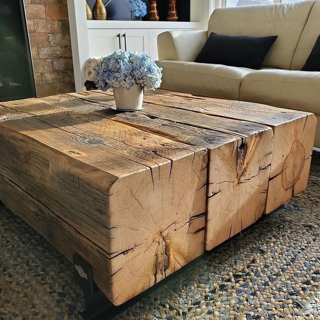 Chunky reclaimed wood coffee table with blue flowers, beige sofa in background.