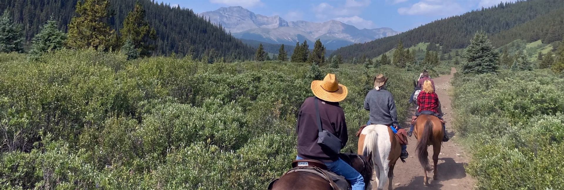 Riders on horseback following a dirt trail through dense shrubs and peaks.