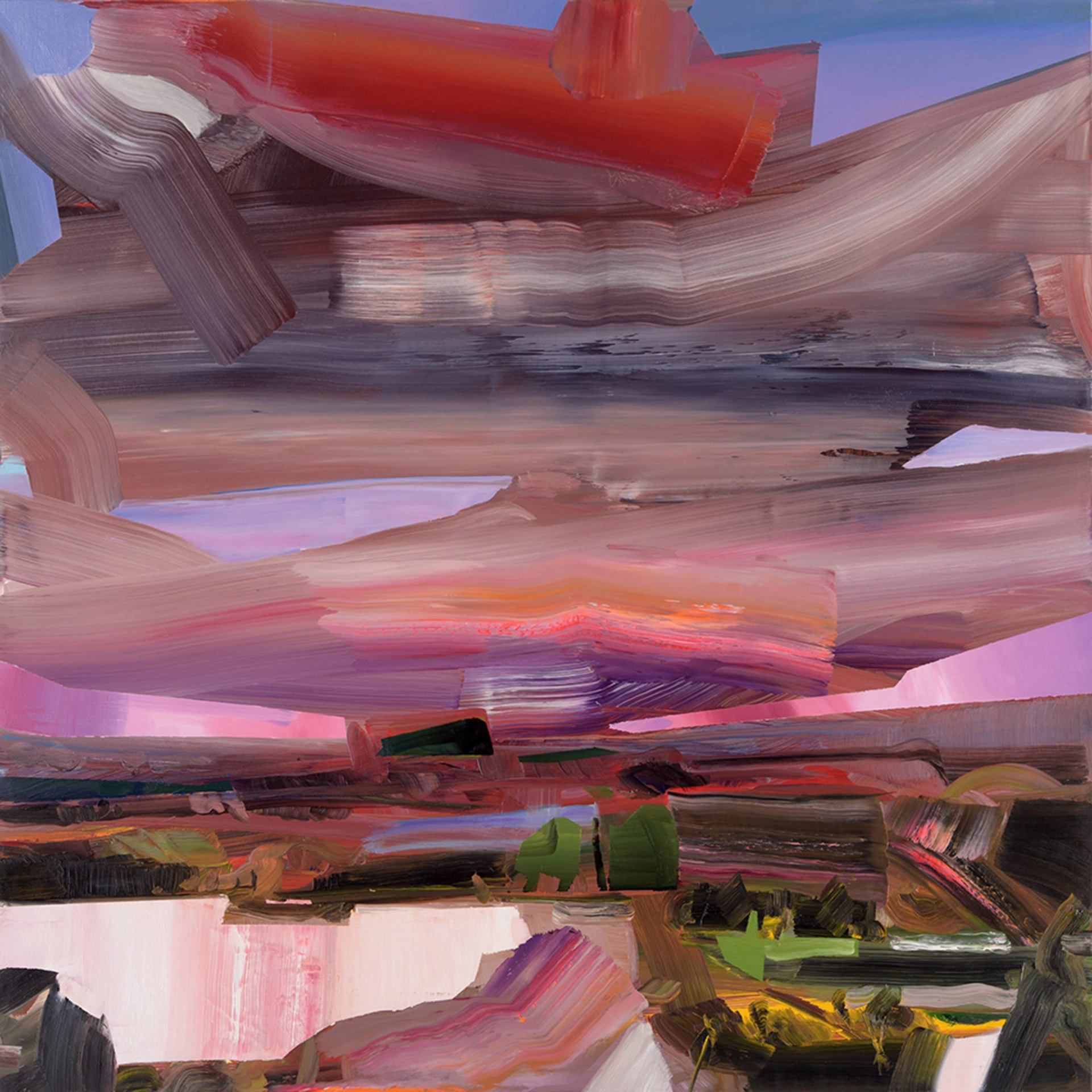 Abstract painting with layered pink, red, purple, brown and green brushstrokes.