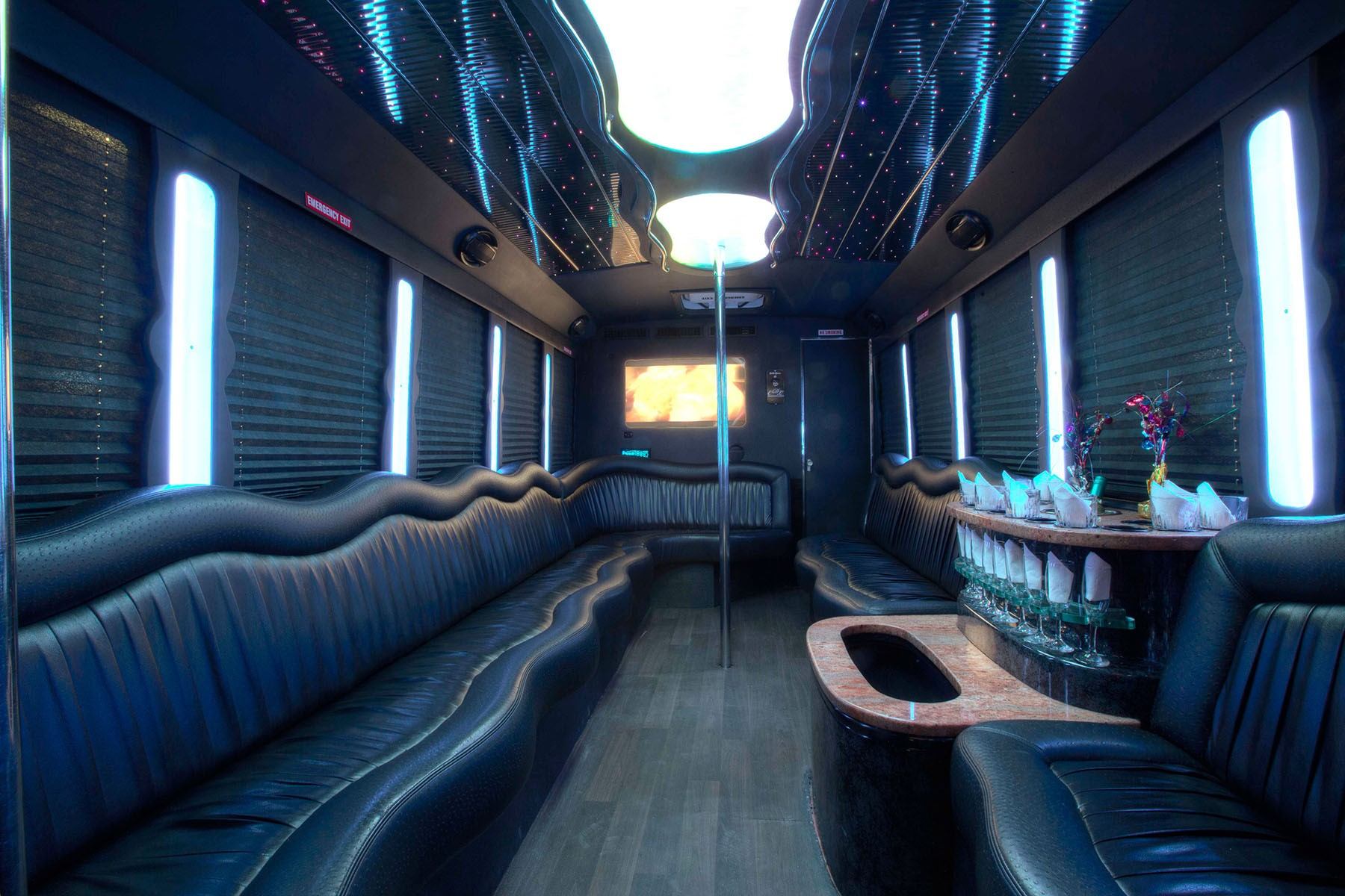 A 20-passenger party bus featuring black leather seats, a bar, and an onboard washroom for custom tours.