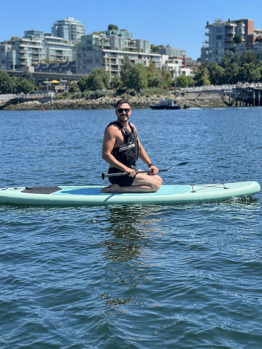 Person kneels on paddleboard in calm water, city waterfront buildings in background.