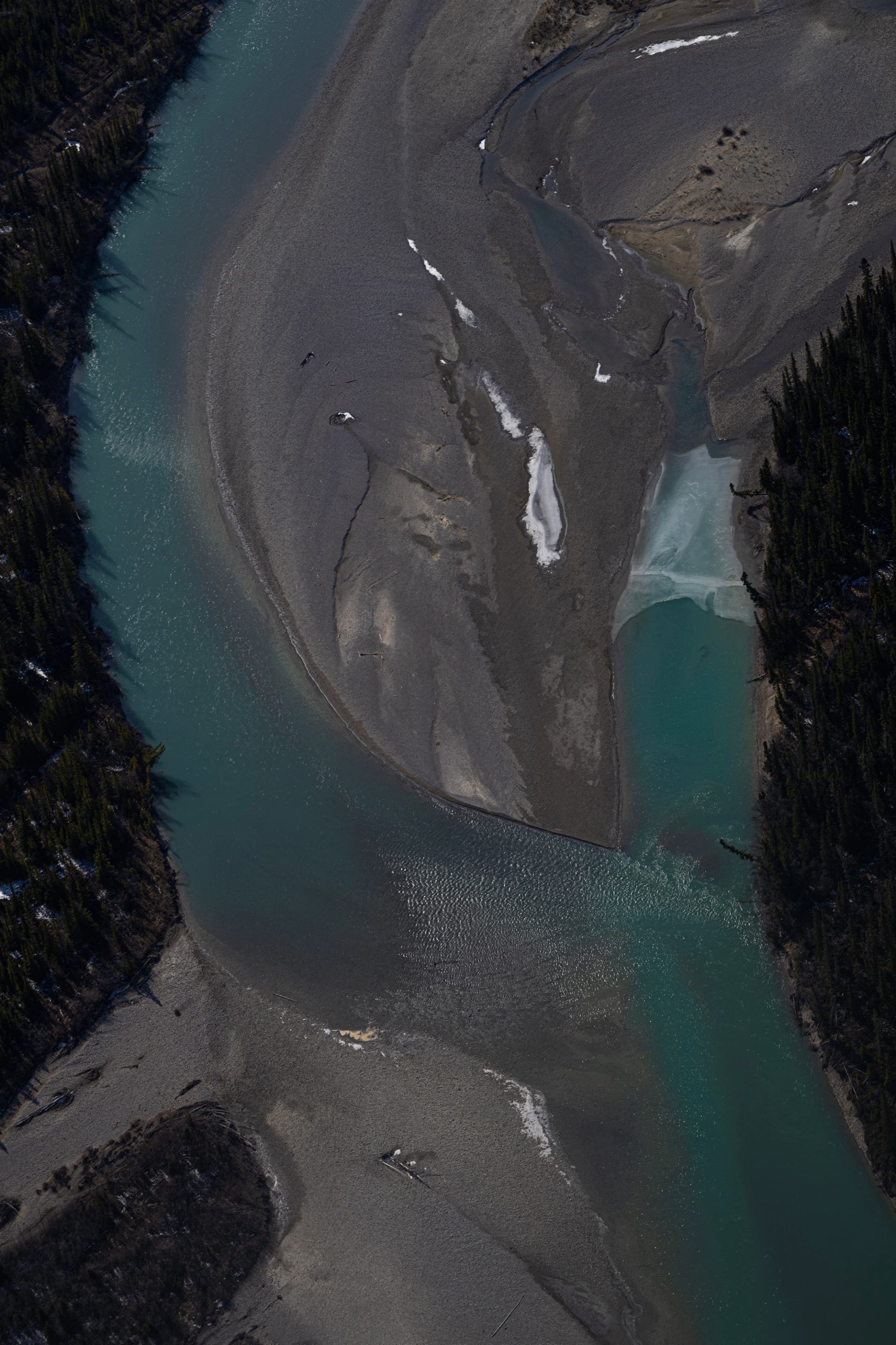 Aerial view of turquoise river splitting around a forested sandbar.