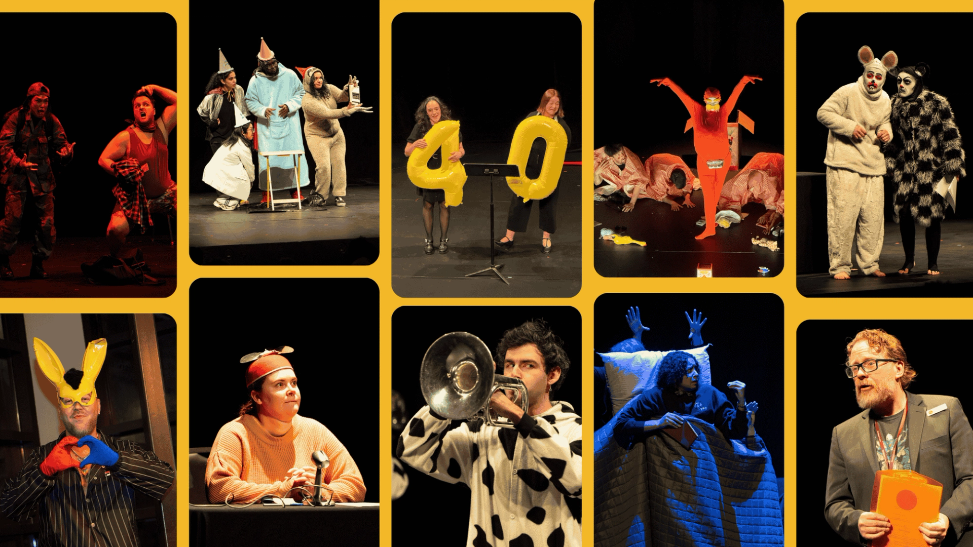 A grid of 10 theatrical scenes featuring actors in a variety of colorful and imaginative costumes.
