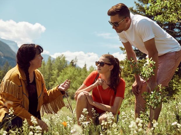 Visitors on a medicine walk where they learn about plants and their healing benefits.