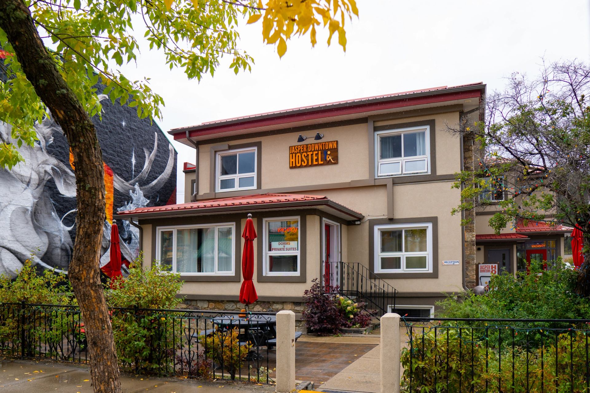 The exterior of Jasper Downtown Hostel.