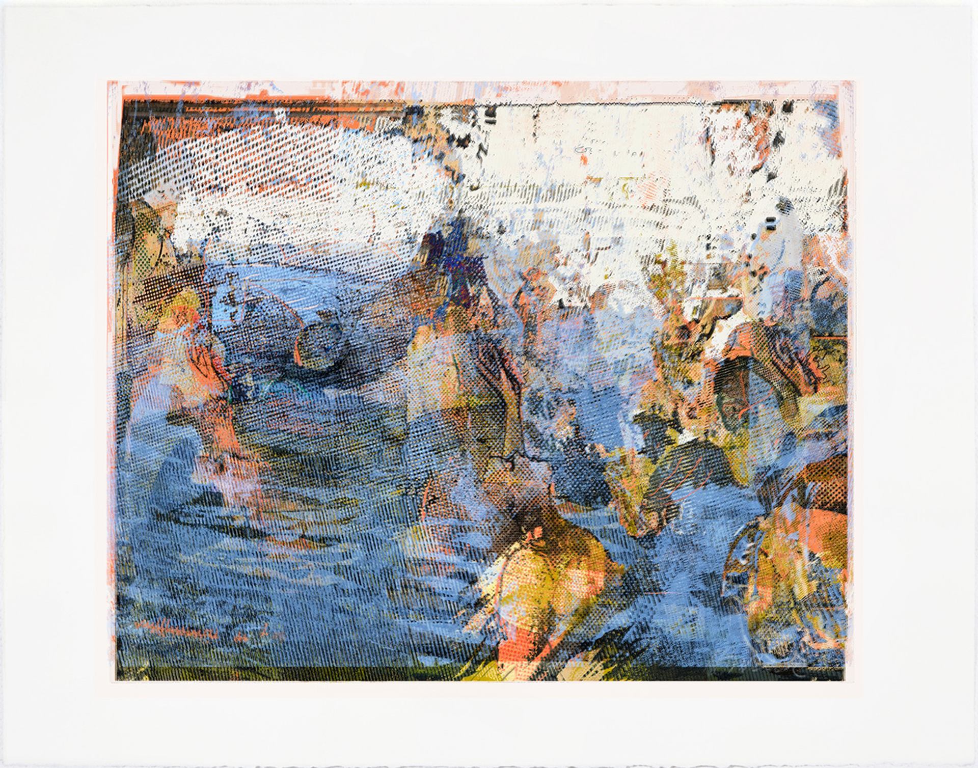 Robin Smith Peck abstract painting with blues, oranges, yellows, greens, and whites.