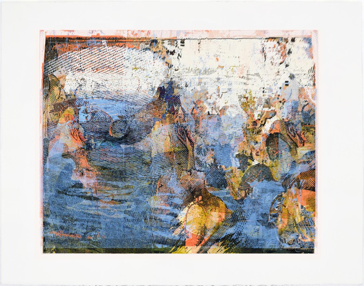 Robin Smith Peck abstract painting with blues, oranges, yellows, greens, and whites.