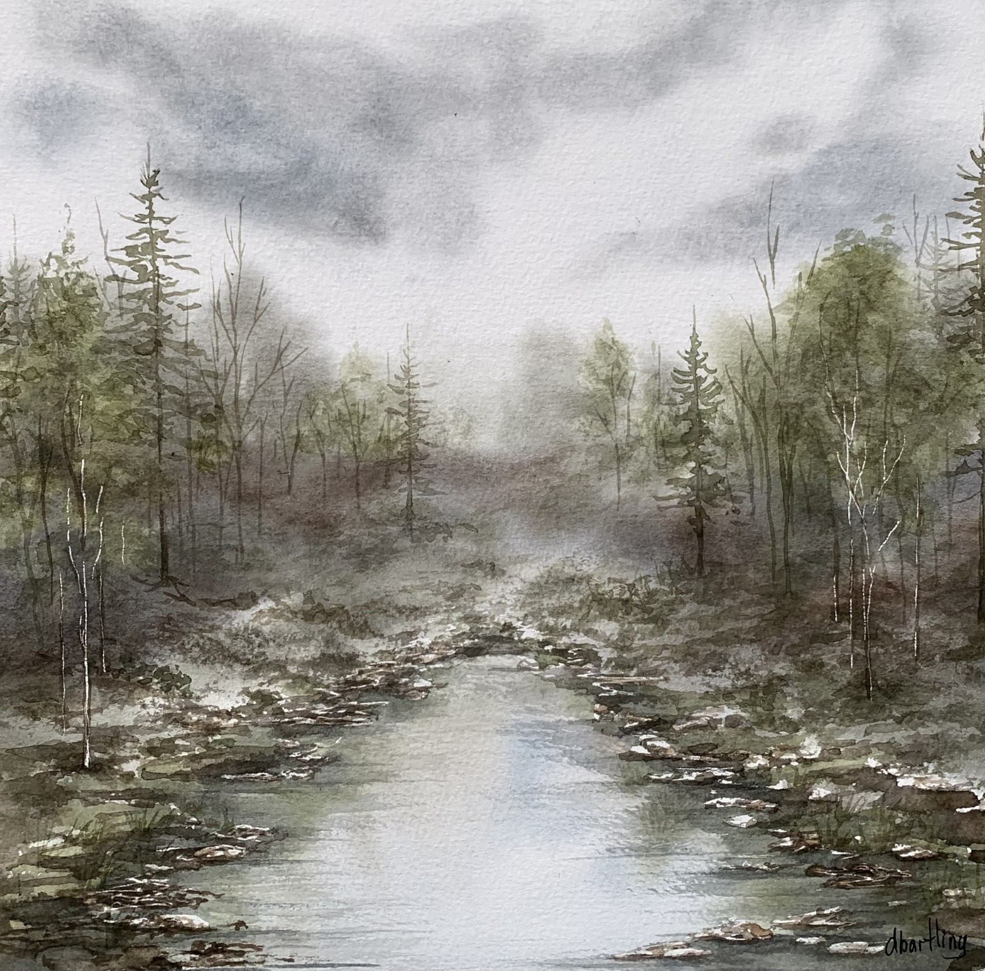 Misty forest with a calm river under a cloudy sky.