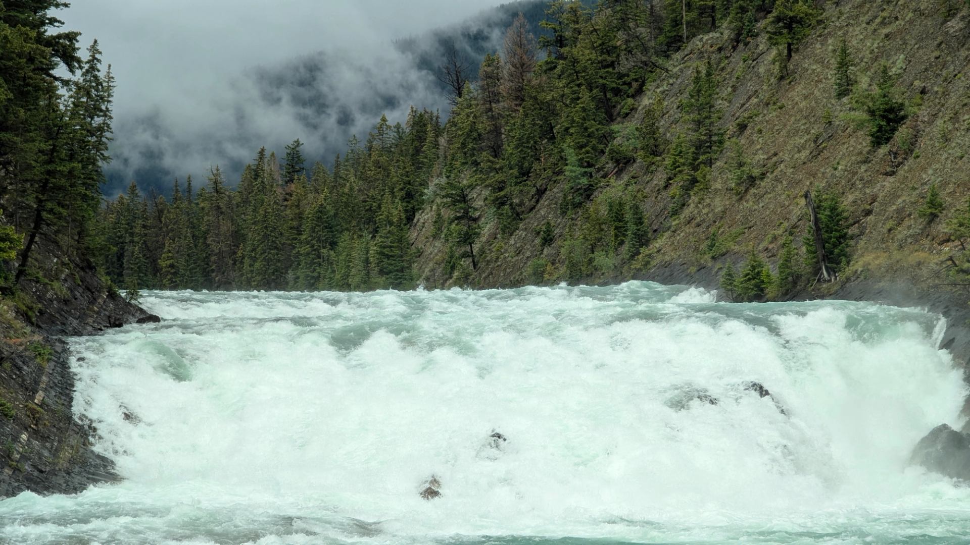 Waterfall crashing through rocks, surrounded by forest and misty clouds.