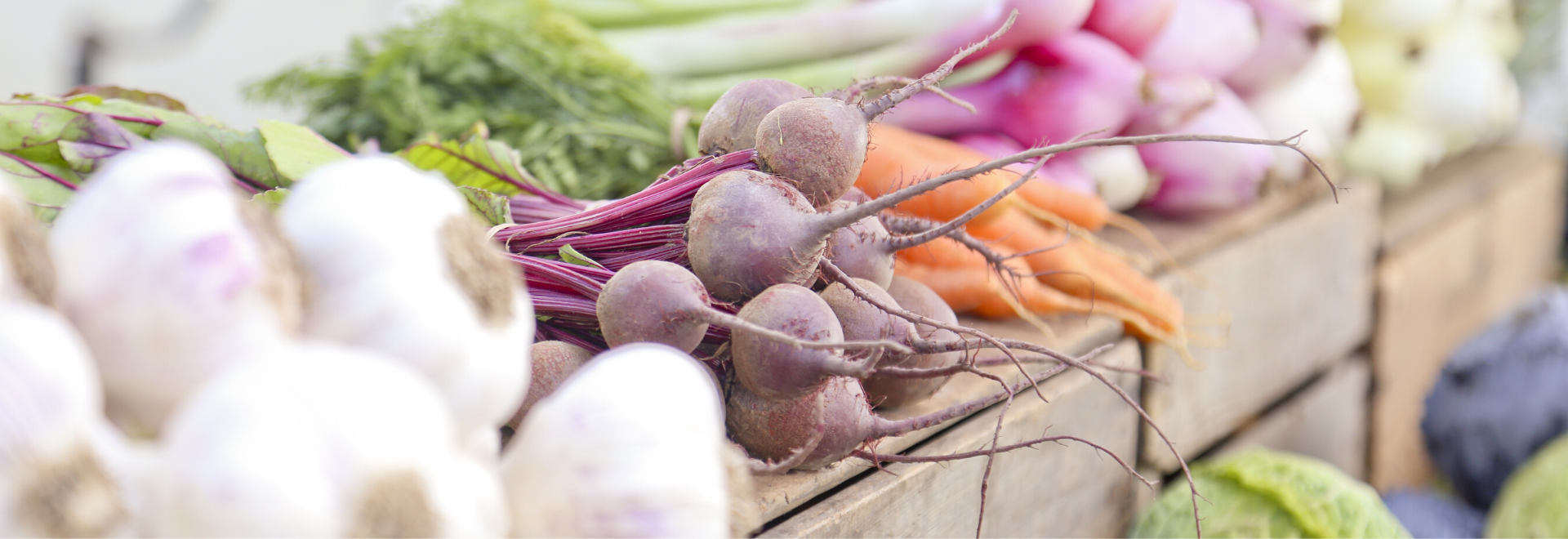 Fresh beets, carrots, garlic, and turnips are displayed in wooden crates at a farmers market.