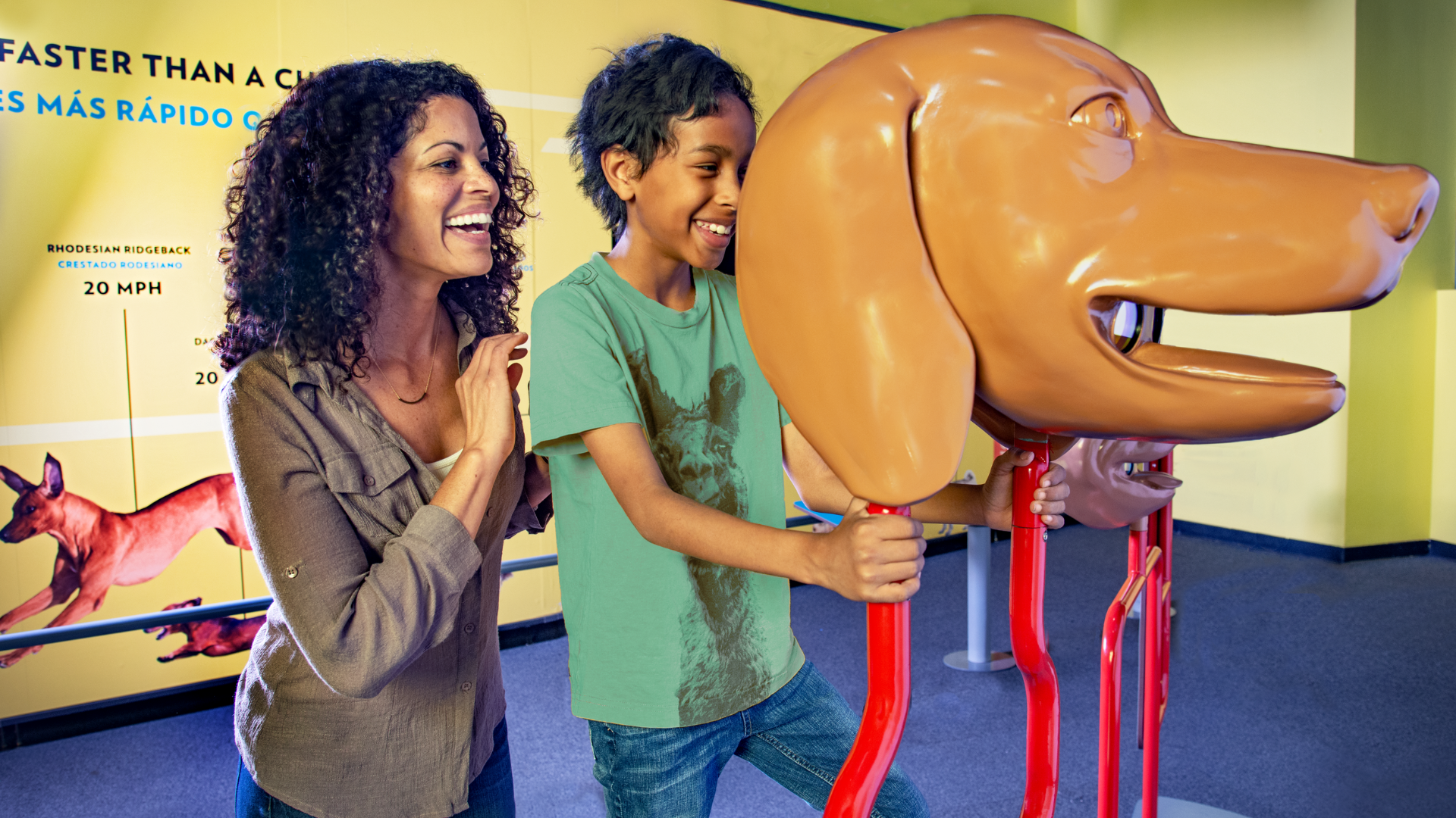 Visitors interact with large dog-head exhibit display in a brightly coloured museum gallery.