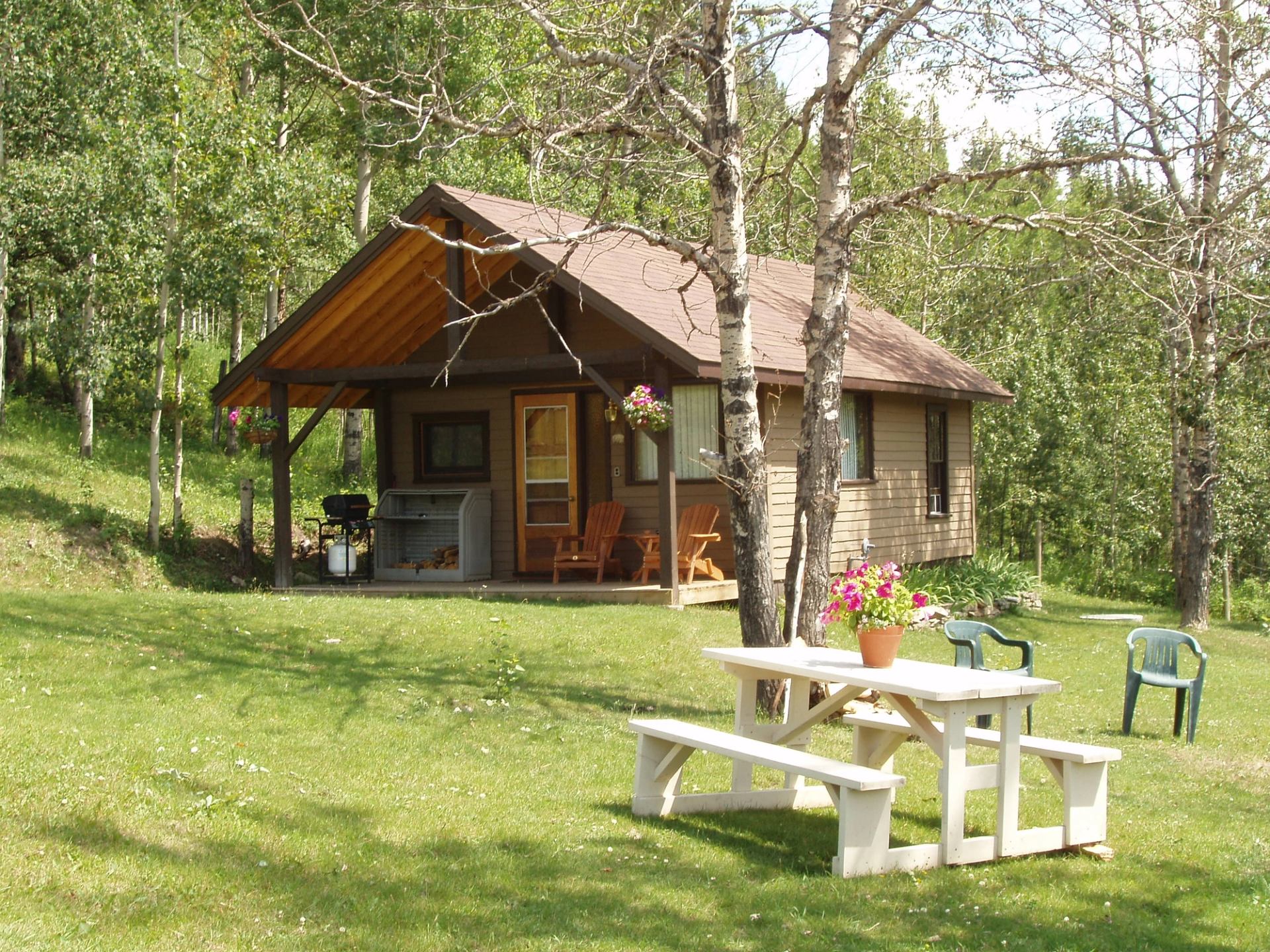 A small brown cabin with a covered porch, a white picnic table, and green chairs in a grassy area surrounded by trees.