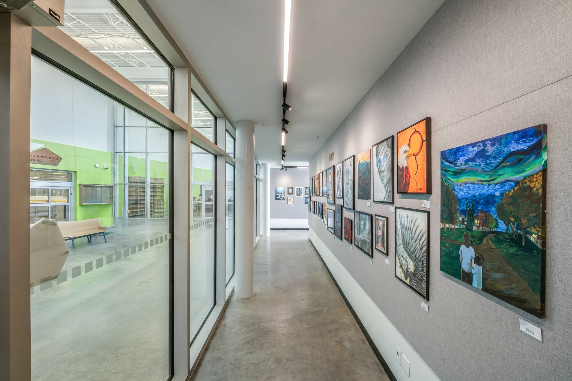 Art gallery hallway with framed paintings on grey wall beside glass windows and benches.