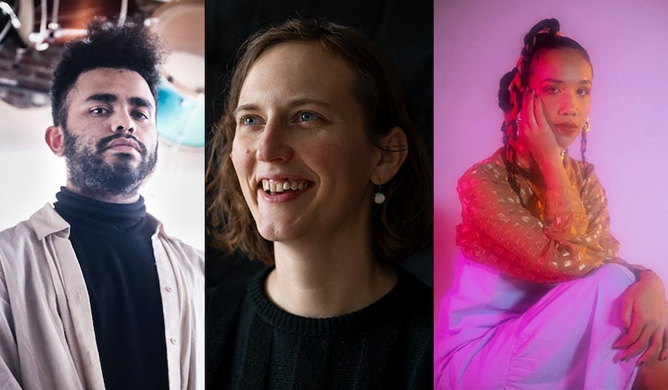 Three musicians portraits under colorful stage lighting for a live concert.