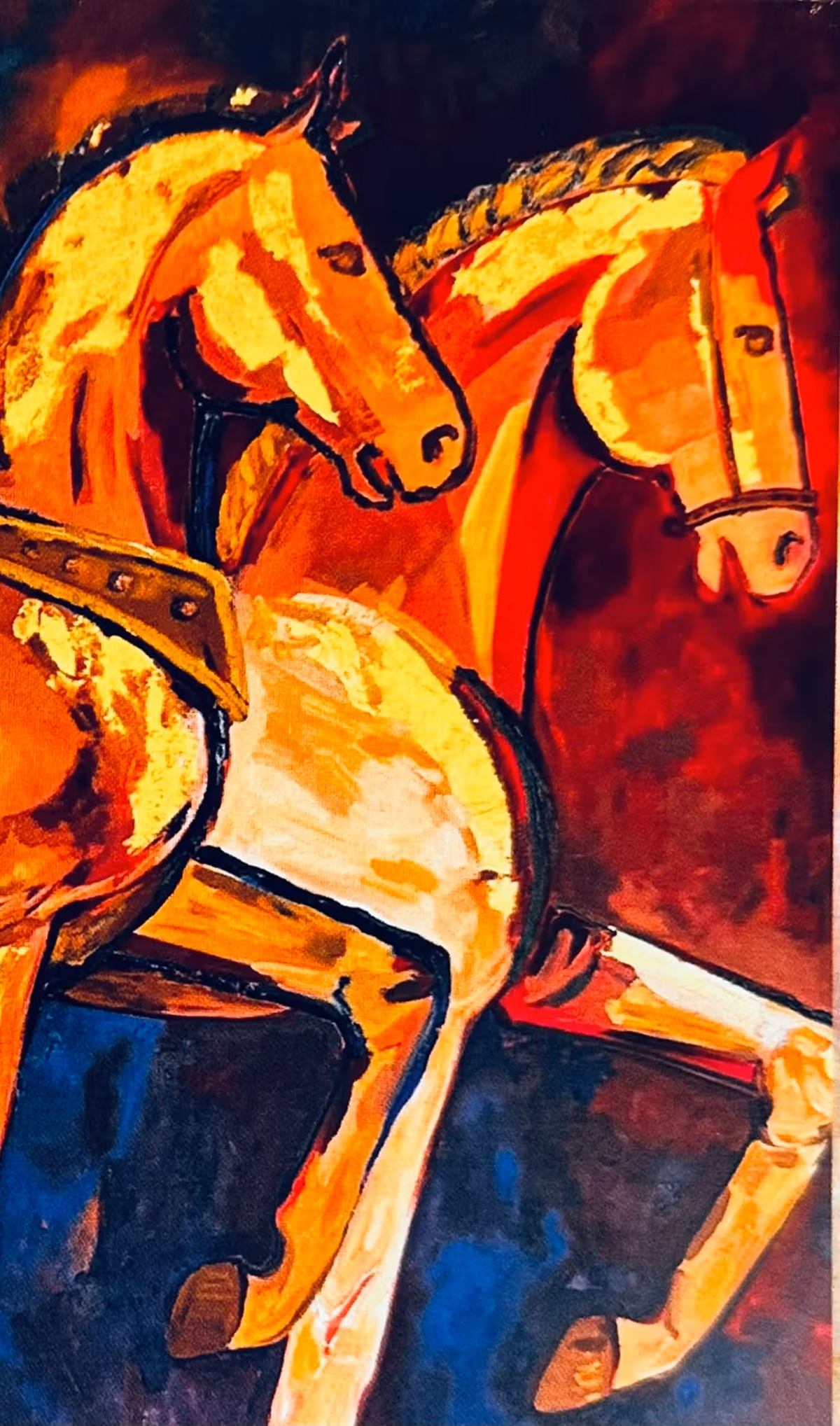Abstract painting of two orange horses with saddles against dark red and blue background.