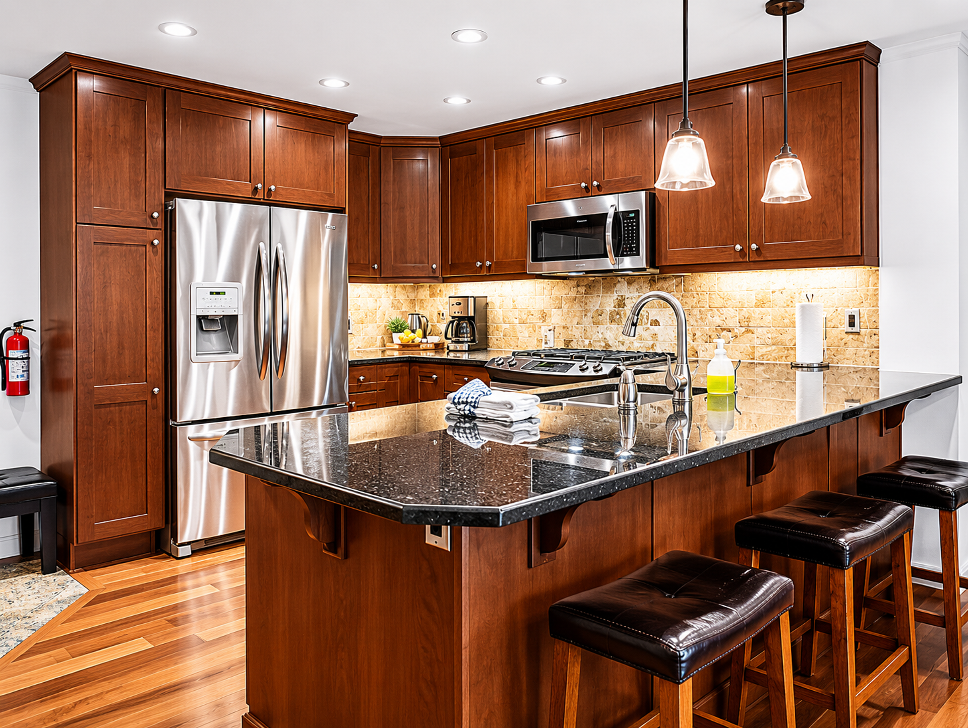 Modern kitchen with wood cabinets, granite island, stainless appliances and pendant lights.