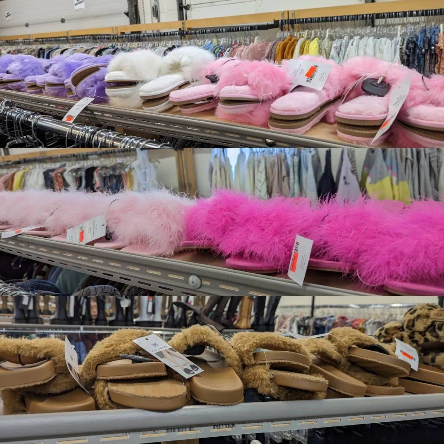 Store shelves filled with colorful fuzzy slippers in rows