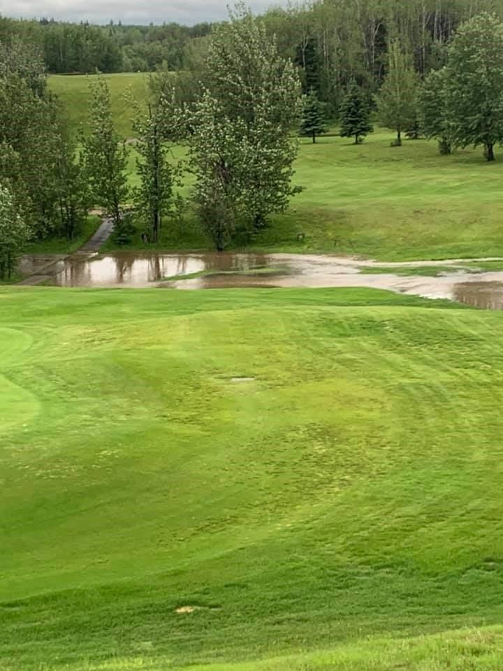 Green golf course with trees and a waterlogged area after rain.