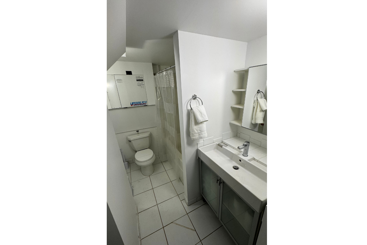Narrow white bathroom with sink vanity, toilet, shower curtain and wall-mounted towels.