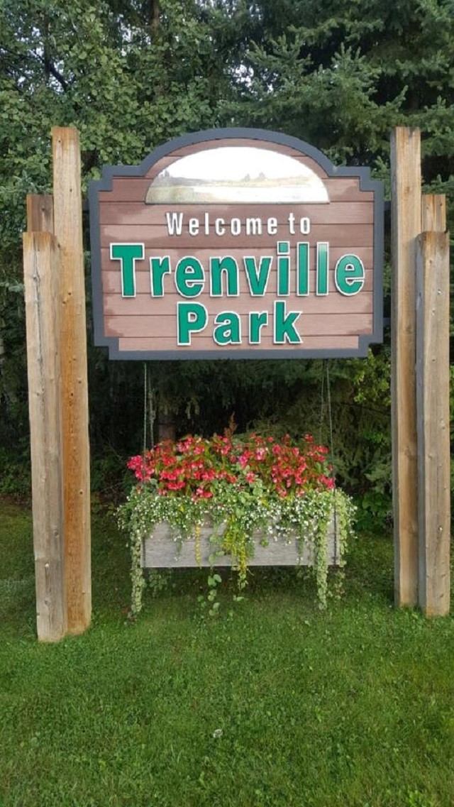 Wooden “Welcome to Trenville Park” sign with flowers, set in a green park landscape.