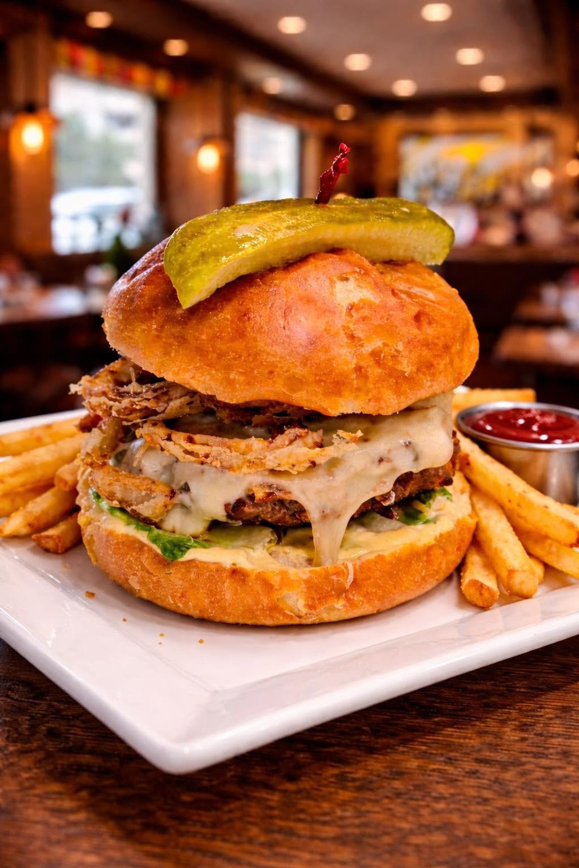 A towering burger topped with melted cheese and pickles is served with golden fries and ketchup.
