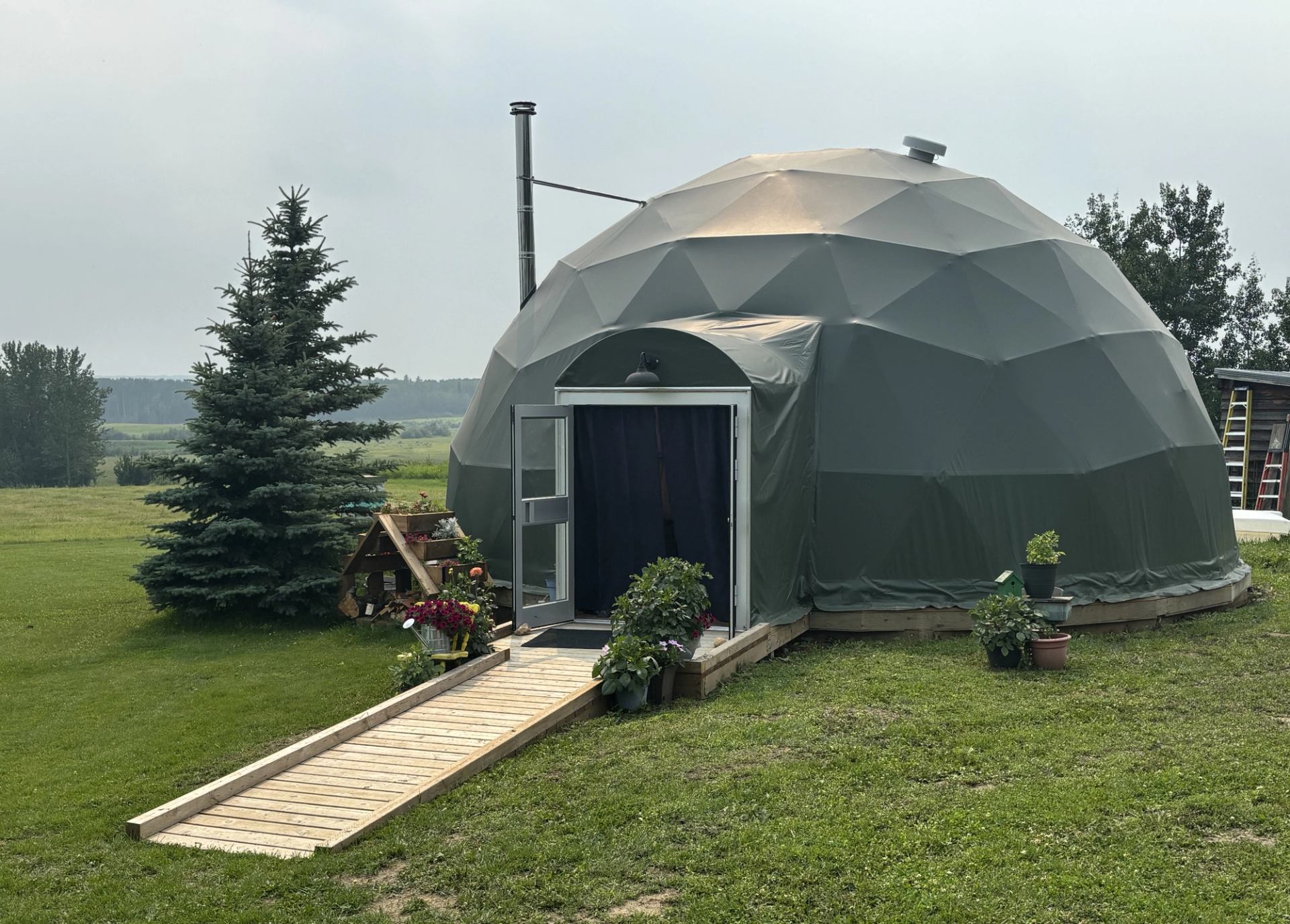 Geodesic dome tent with wooden ramp, potted flowers and evergreen tree on grassy field.