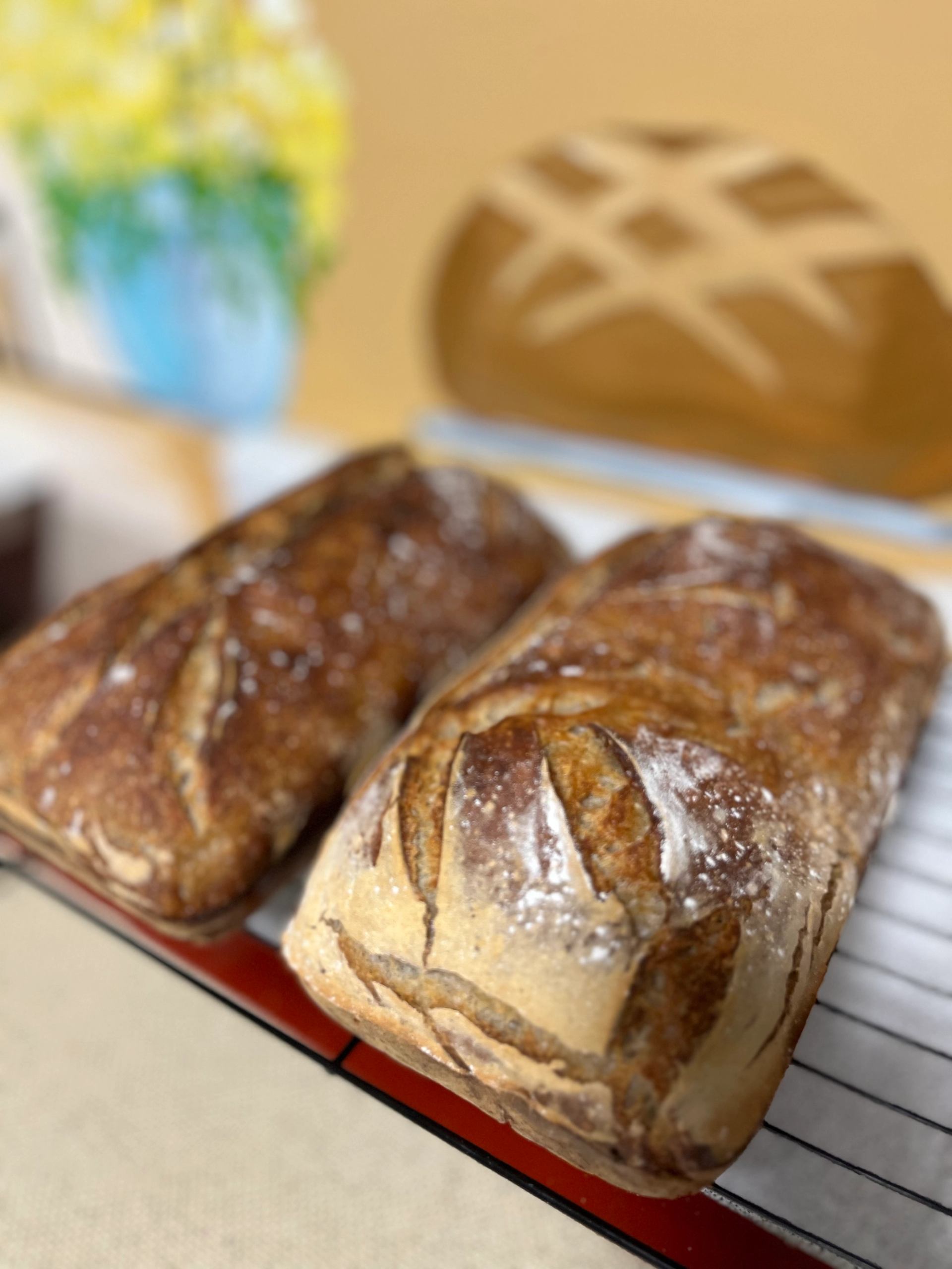 Two golden loaves of bread cooling on a rack.