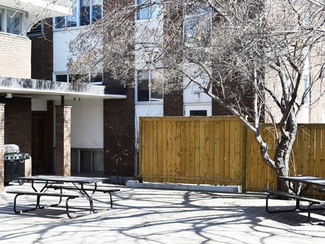 Outdoor courtyard with picnic tables, brick building, and leafless tree.